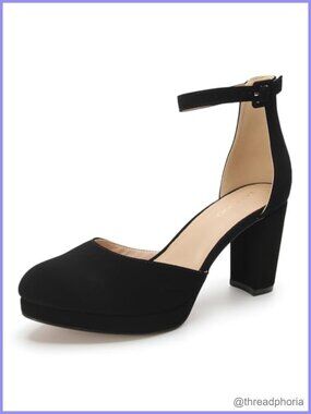 Women's Low Closed Toe Chunky Heel Pumps with Ankle Strap